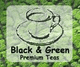 Tee-Logo mit Skizze einer Tasse, Text "Black & Green Premium Teas" vor grünem Blatt-Hintergrund.
