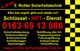 Visitenkarte für Schlüsseldienst mit Notrufnummer und Leistungen wie Einbruchschutz und Öffnungen.