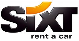 Logotipo de Sixt Rent a Car, letras negras y un diseño naranja encima de la "i".