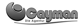Schwarz-weißes Logo von Cayman Die Agentur mit wellenförmiger Unterstreichung.