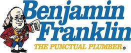 Cartoon figure with a wrench beside "Benjamin Franklin - The Punctual Plumber" text.