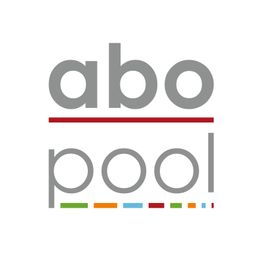 Logo mit Schriftzug "abo pool" in Grau; bunte Streifen darunter.