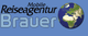 Logo der Reiseagentur Brauer mit einem Globus auf blauem Hintergrund.