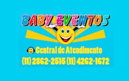 Logo colorido da "Baby Eventos" com número de contato e emoji sorridente em fundo azul.