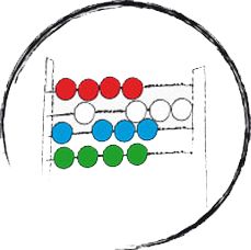Abakus mit roten, blauen und grünen Perlen in einem schwarzen Kreis gezeichnet.