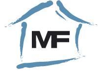 Buchstaben "MF" in einem stilisierten blauen Haus.