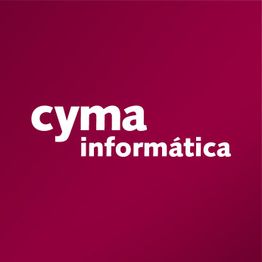 Logo de "Cyma informática" en letras blancas sobre un fondo rojo oscuro.