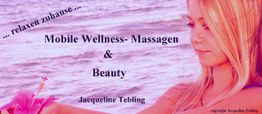 Junge Frau am Strand mit Blume, Text: Mobile Wellness-Massagen & Beauty, Jacqueline Tebing.