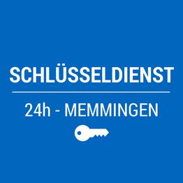 Blauer Hintergrund mit "Schlüsseldienst 24h - Memmingen" und einem Piktogramm eines Schlüssels.