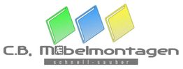 Logo von C.B. Möbelmontagen mit drei farbigen Quadraten und dem Text "schnell-sauber".
