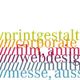 Bunte Wörter mit Themen wie Print, Corporate, Film und Webdesign, überlagert von Schrägstrichen.