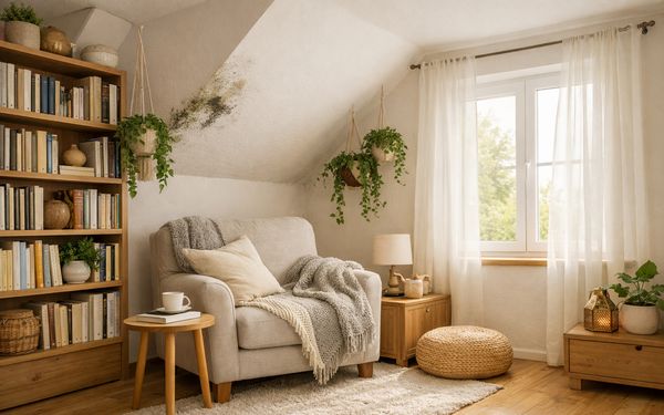 Ein gemütlicher Raum mit hohem Bücherregal und Sessel. An der Dachschräge befindet sich schwarzer Schimmel.