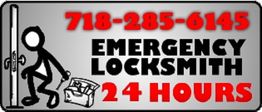 Emergency locksmith ad with cartoon figure and tool bag, phone number 718-285-6145, available 24/7.