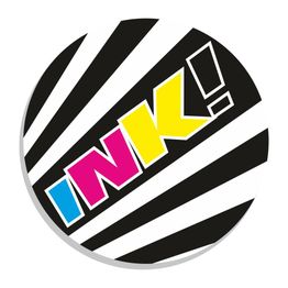 Círculo con rayas negras y blancas, y texto "INK!" en colores rosa, amarillo y azul.