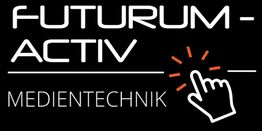 "Schwarzes Logo mit 'Futurum-Activ Medientechnik' und einer anklickenden Hand-Ikone."