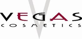 Logo von Vegas Cosmetics mit stilisiertem V und rotem und schwarzem Schriftzug.