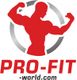 Silhouette eines muskulösen Mannes mit erhobenen Armen, darunter der Text "PRO-FIT world.com".