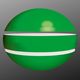 Grüne Kugel mit zwei weißen horizontalen Linien, schwebende Teile, grauer Hintergrund.