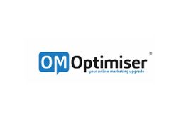 Logo von OM Optimiser mit dem Slogan "your online marketing upgrade" in Schwarz und Blau.