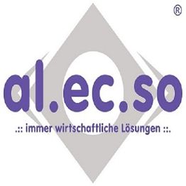 "Logo mit Schriftzug 'al.ec.so – immer wirtschaftliche Lösungen', lila Text auf grauem Hintergrund."