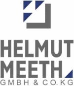 Logo der Helmut Meeth GmbH & Co. KG mit geometrischen Formen in Blau und Grau.