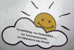 Sonne hinter Wolke mit lächelndem Gesicht und Spruch: "Vermeidung von Fremdwörtern ist Vertrauenssache, wir kümmern uns drum!"