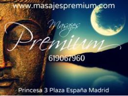 Budha dorado, texto "Masajes Premium" con luna llena al fondo.