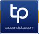Logo mit weißem "tp" auf blauem Hintergrund und der URL "tausend-plus.com" darunter.
