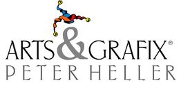 Logo: Arts & Grafix Peter Heller, mit buntem Narr auf den Buchstaben.