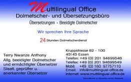 Visitenkarte eines Übersetzungsbüros mit Kontaktangaben, Dienstleistungen und 24-Stunden-Service.