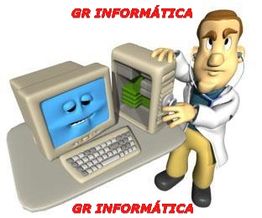 Técnico animado conserta computador com tela sorridente, texto "GR Informática" ao topo e base.