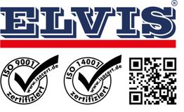 ELVIS-Logo mit ISO 9001 und 14001 Zertifizierungssiegeln und einem QR-Code.