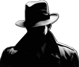 Sombra de pessoa com chapéu e casaco, estilo detetive noir, em fundo branco.