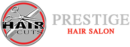 Logo: Scissors and comb over "Haircuts", with "Prestige Hair Salon" text in gray and red.