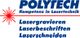 Polytech-Logo mit rotem Laserstrahl, Text: "Kompetenz in Lasertechnik. Lasergravieren, Laserschneiden."