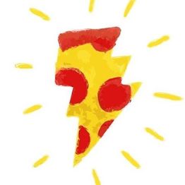 Fatia de pizza em forma de raio com pepperonis vermelhos e borda dourada.