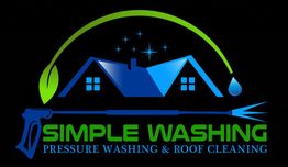 Logo for Simple Washing, featuring a roof, water droplet, leaf, and pressure washer.