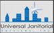 Logo of Universal Janitorial Services, Inc. with blue buildings and a shining star.