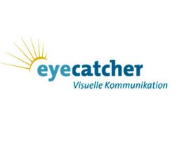 Logo mit Sonne, Text: "eyecatcher Visuelle Kommunikation" in Blau vor weißem Hintergrund.