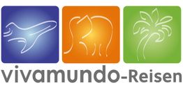 Drei Symbole: Flugzeug, Elefant, Palme. Darunter der Schriftzug "vivamundo-Reisen".
