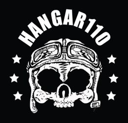 Caveira com capacete, estrelas ao redor, texto "Hangar 110" no topo. Fundo preto.