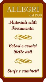 Insegna con testo: "Materiali edili, Ferramenta, Colori e vernici, Belle arti, Stufe e caminetti".