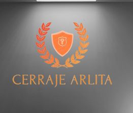 Logo de "Cerraje Arlita" con laurel anaranjado y un escudo central en pared gris.