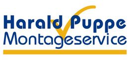 Logo mit Text "Harald Puppe Montageservice", blauer Text mit gelbem Haken und Linie.