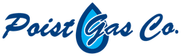 "Poist Gas Co. logo with a blue flame design incorporated into the text."