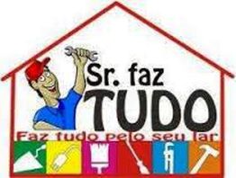 Desenho de um homem com boné e chave. Texto: "Sr. faz tudo - Faz tudo pelo seu lar." Icons de ferramentas.