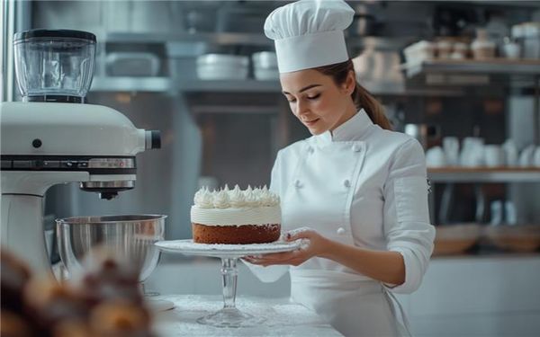 Eine Konditorin dekoriert eine Sahnetorte.