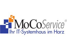 Logo von MoCoService, IT-Systemhaus im Harz, mit blauen und orangefarbenen Quadraten.