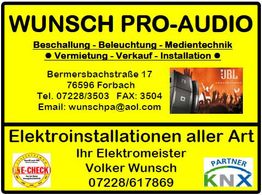 Gelbes Werbeschild für Wunsch Pro-Audio in Forbach mit Kontaktinformationen und Dienstleistungen.