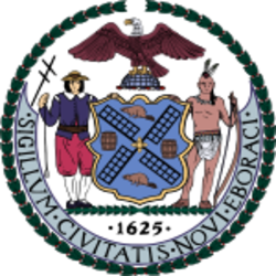Seal of New York City with eagle, windmill, beaver symbols, and figures on either side.